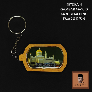 Keychain Gambar Masjid Kayu Kemuning Emas & Resin - JHS Craft