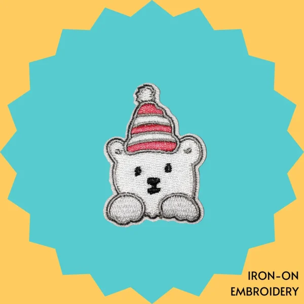 Cute polar bear with red and white hat Iron-on Embroidery