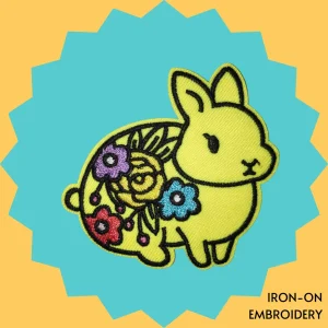 Yellow rabbit with flowers Iron-on Embroidery