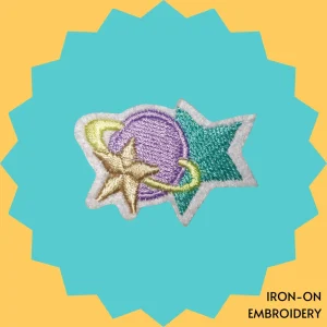 Purple Saturn with green and golden stars Iron-on Embroidery