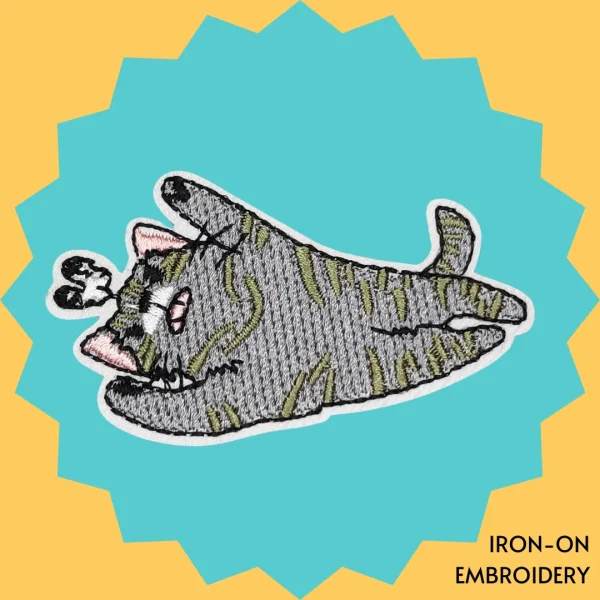Stretching Gray Cat Iron-on Embroidery