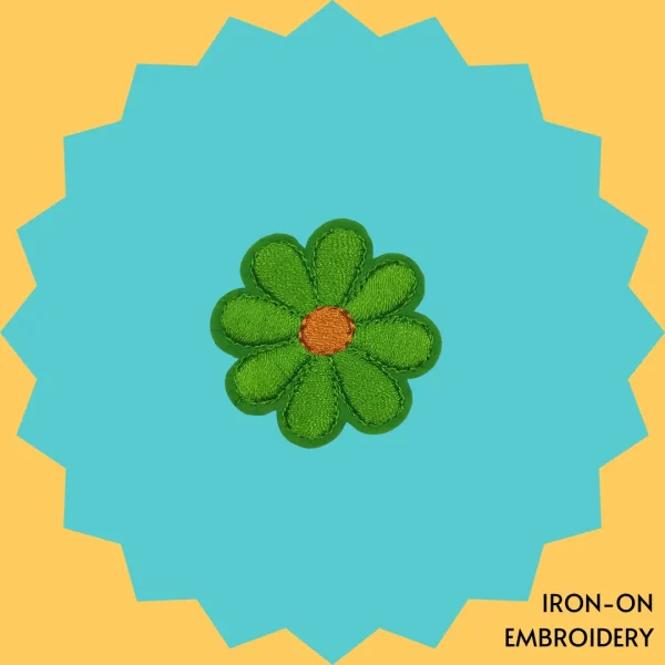 Iron-On-Patch-1077 Green Flower with Orange Center Iron-on Embroidery