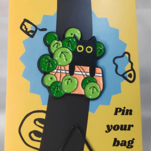 Black Cat in Round Leaves Plant Enamel Pin