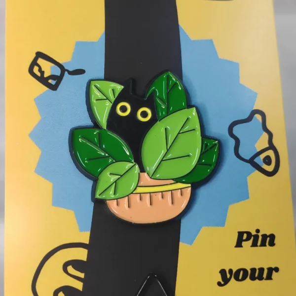 Black Cat in Large Leaves Plant Enamel Pin
