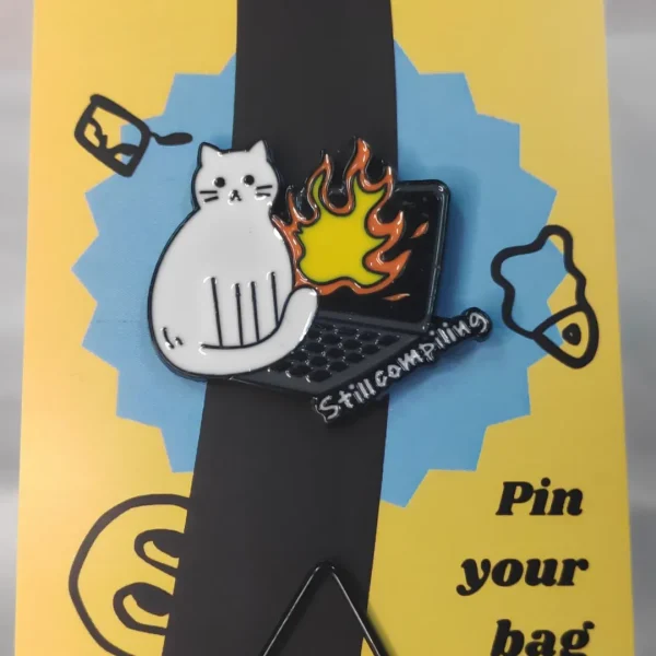 Still Compiling Burning Laptop White Cat Enamel Pin