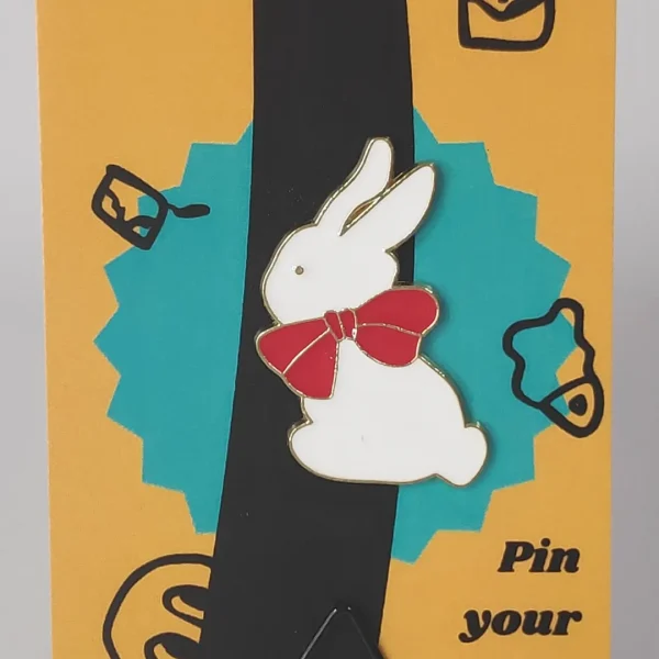 White Bunny with Red Ribbon Enamel Pin