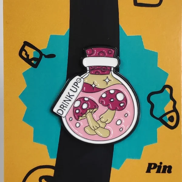 Pink Drink Up bottle of Mushroom Enamel Pin