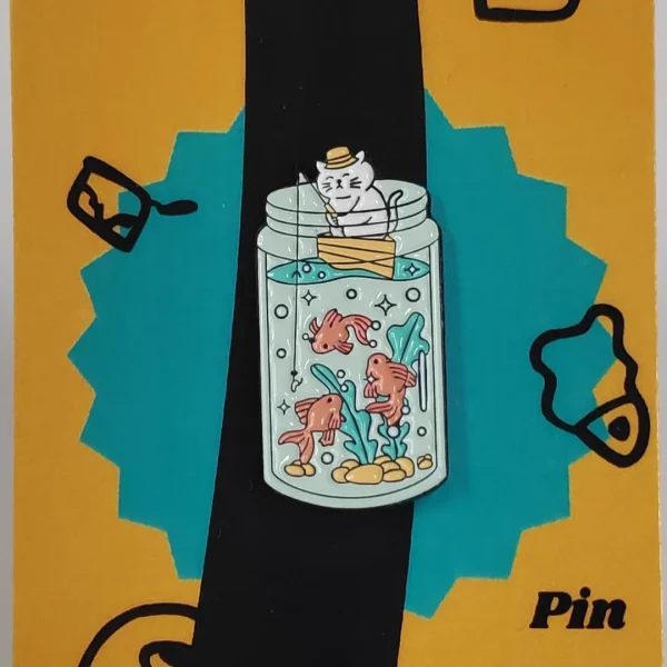 White Cat fishing Goldfish in a Jar Enamel Pin